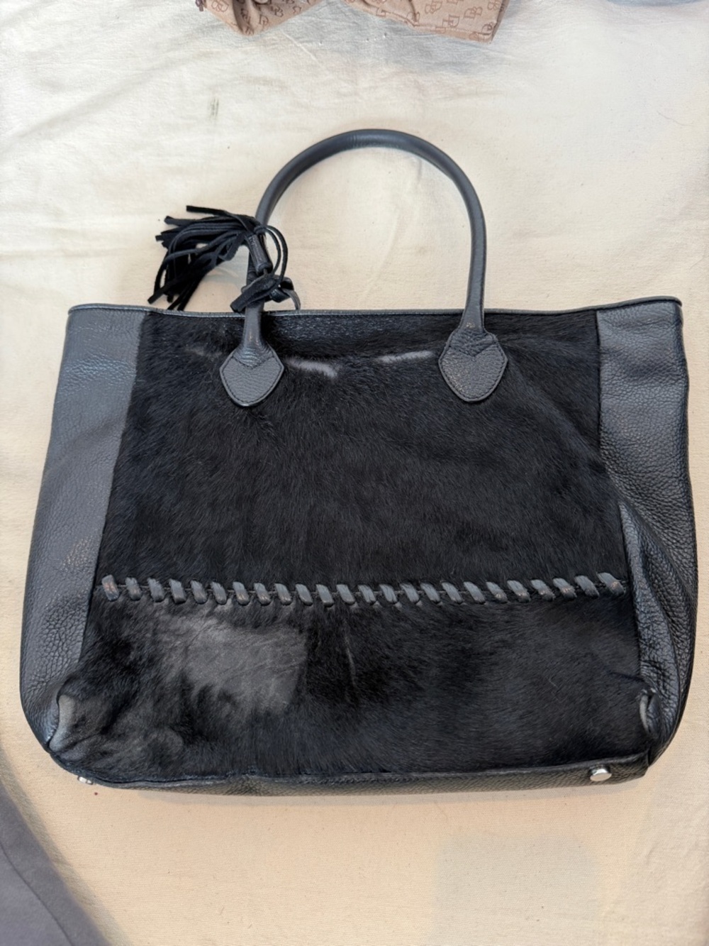 Black Haircalf & Leather Tote with Braided Accent